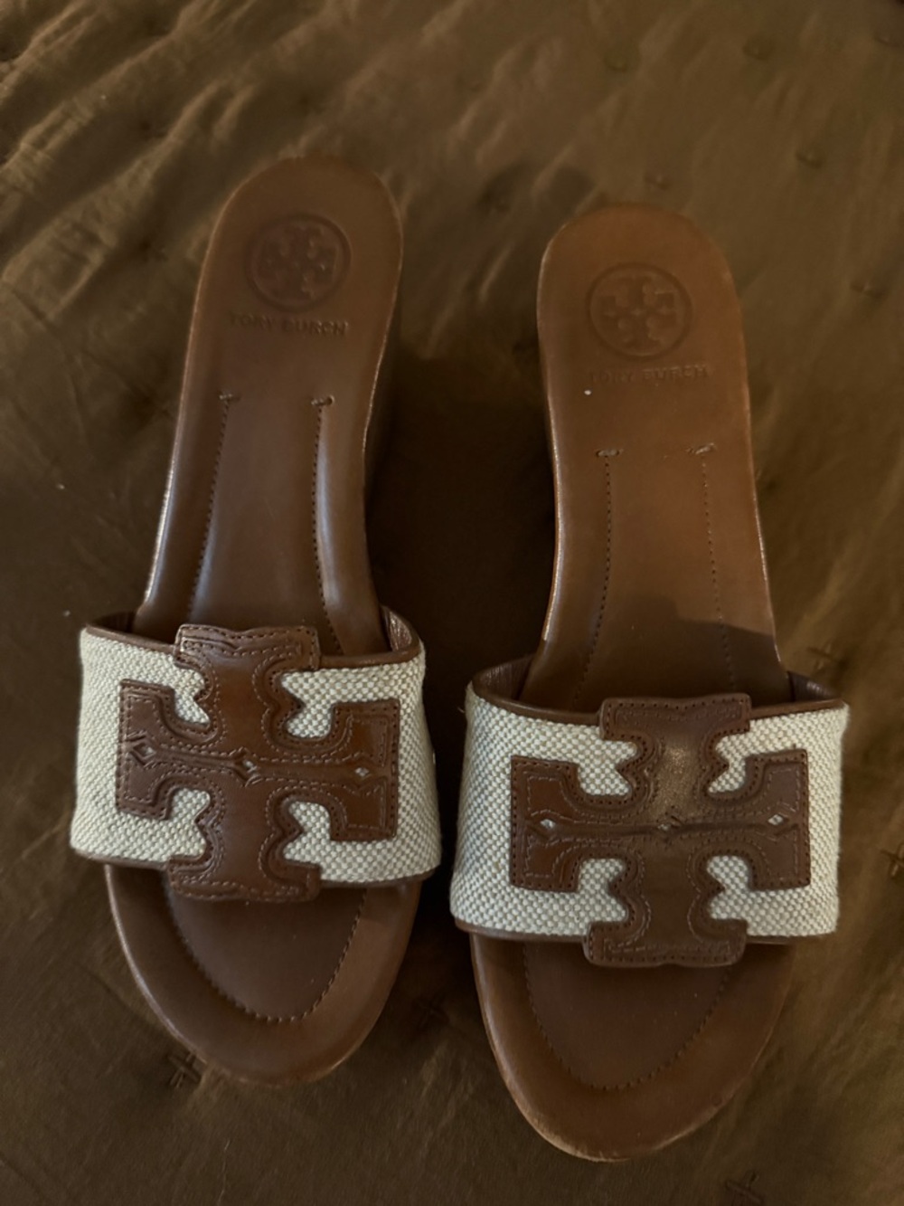 Tory Burch Brown Leather & Cream Woven Slide Sandals